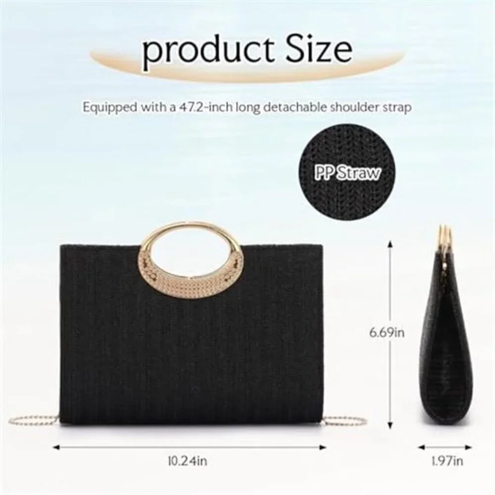 Black Straw Top Handle Clutch Purse Women Handbag
